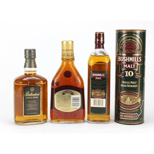 2187 - Three bottles of whisky comprising Ballantines Gold Seal 12 years old, Bushmills and Glayva