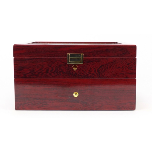 2153 - Rolex cherry wood dealers display watch box, with base drawer, 16.5cm H x 29.5cm W x 21.5cm D