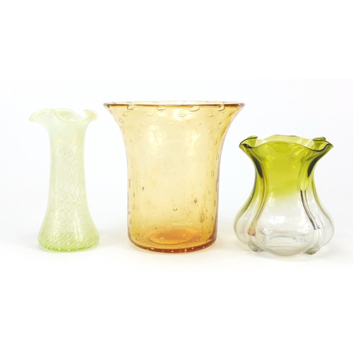 2183 - Three pieces of art glassware including an Art Nouveau vaseline vase and Whitefriars, the largest 15... 