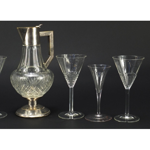 2184 - **WITHDRAWN ** French Art Deco cut glass claret jug with silver plated mount and five glasses, possi... 