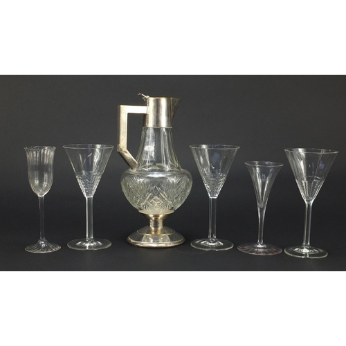 2184 - **WITHDRAWN ** French Art Deco cut glass claret jug with silver plated mount and five glasses, possi... 