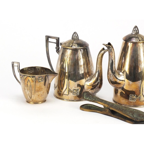 2156 - Art Nouveau four piece silver plated tea set and a bronze letter clip by Max Le Verrier, the largest... 