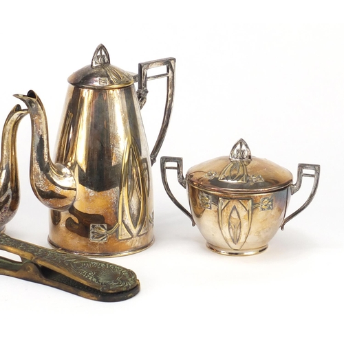 2156 - Art Nouveau four piece silver plated tea set and a bronze letter clip by Max Le Verrier, the largest... 