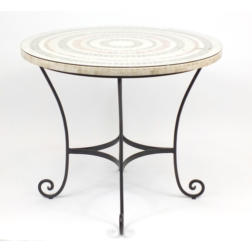 2036 - Contemporary mosaic marble and wrought iron dining table and four chairs, the table 78cm H x 91cm di... 