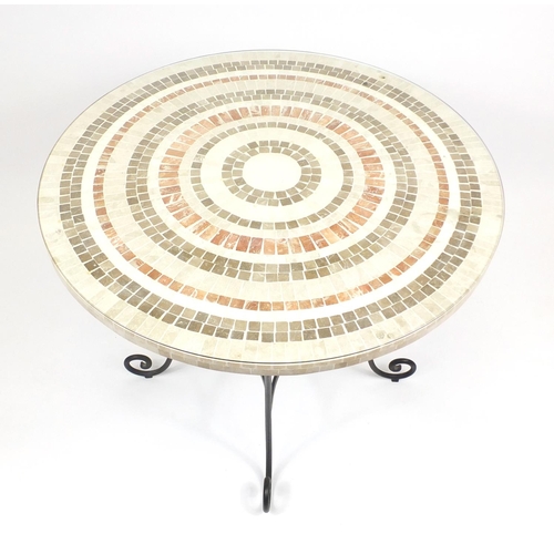 2036 - Contemporary mosaic marble and wrought iron dining table and four chairs, the table 78cm H x 91cm di... 