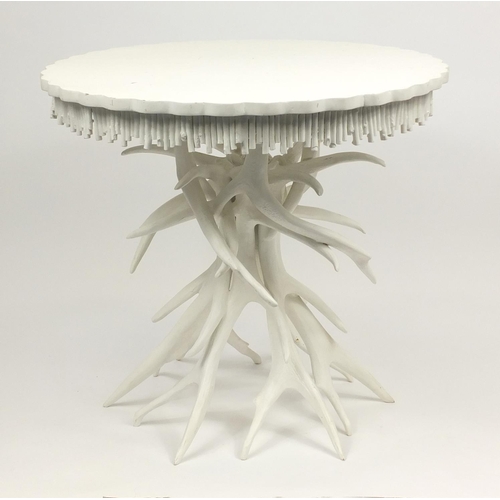 2041 - White painted stag antler table, 81cm H x 90cm diameter