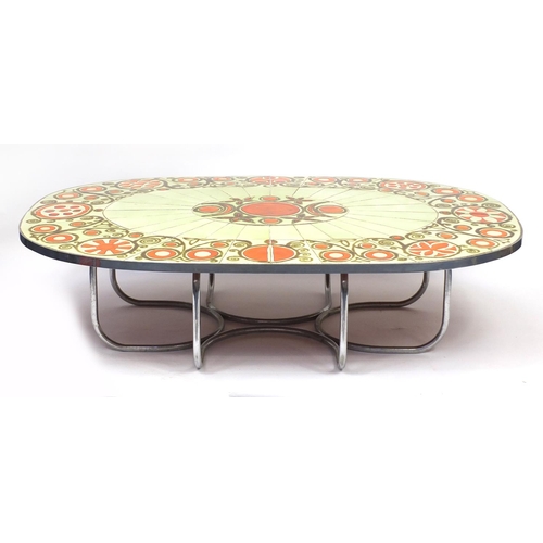 2061 - 1970's Scandinavian tile top coffee table with chrome legs, 45cm H x 180cm W x 124cm D