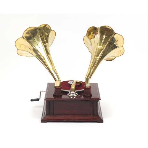 2015 - Retro Victrola style gramophone with two brass horns, 67cm high