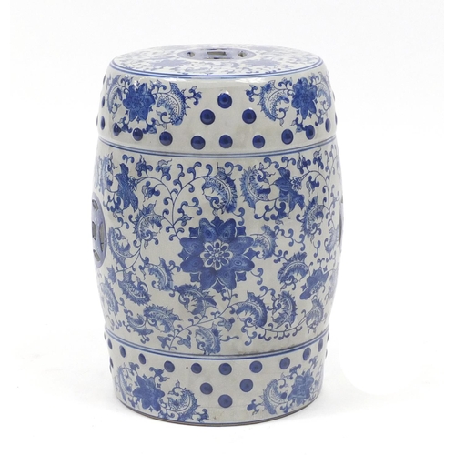 2066 - Chinese blue and white porcelain garden seat decorated with flowers, 45.5cm high