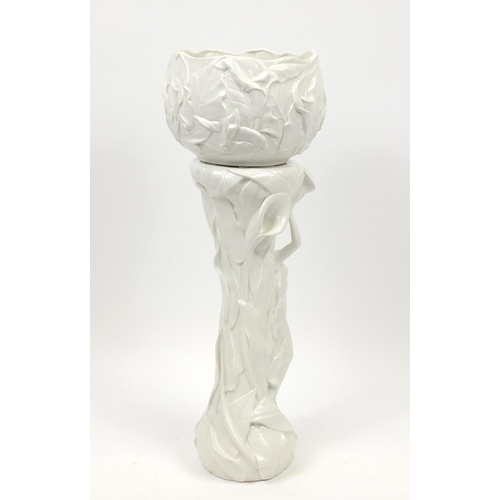 2031 - Italian Art Nouveau style porcelain jardinière on stand with maiden design column, 103cm high