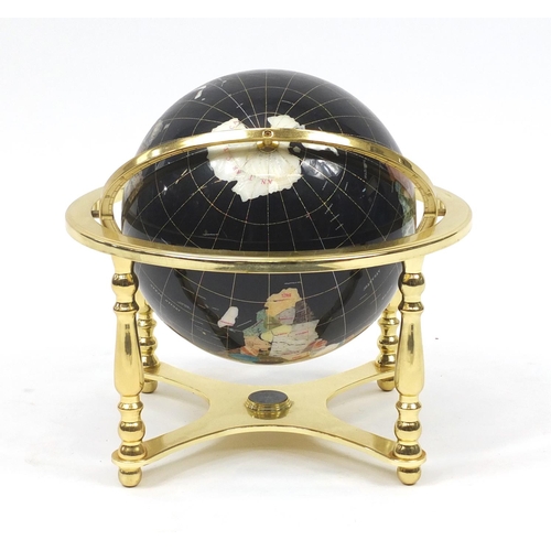 2128 - Brass framed gemstone table globe with undertier, 45cm high