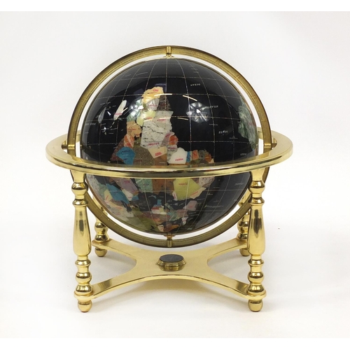 2128 - Brass framed gemstone table globe with undertier, 45cm high