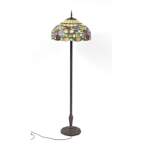2026 - Tiffany design standard lamp with butterfly shade and dragonfly base, 162cm high