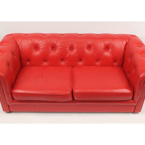 2063 - Red leather buttonback Chesterfield settee, 200cm wide
