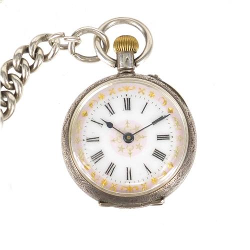 2401 - Ladies silver pocket watch on a graduated silver watch chain, 95.5g