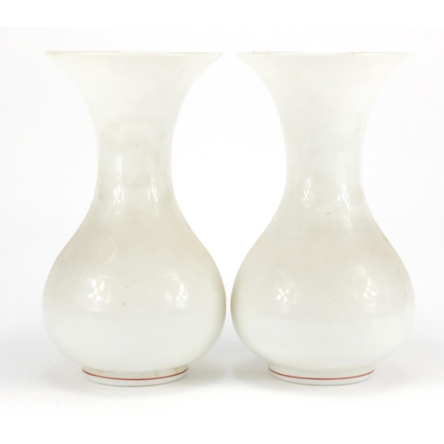 2219 - Pair of Victorian white opaline glass vases hand painted with flowers, each 30cm high