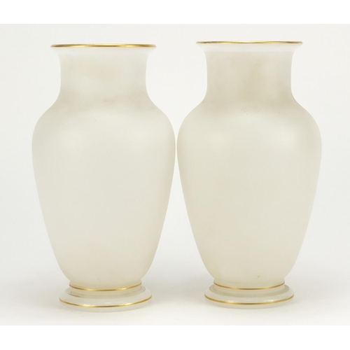 2215 - Pair of Victorian white opaline glass vases hand painted with flowers, each 25cm high