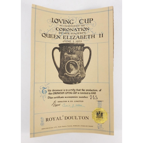 2161 - Royal Doulton loving cup commemorating the Coronation of Queen Elizabeth II, limited edition 745/100... 