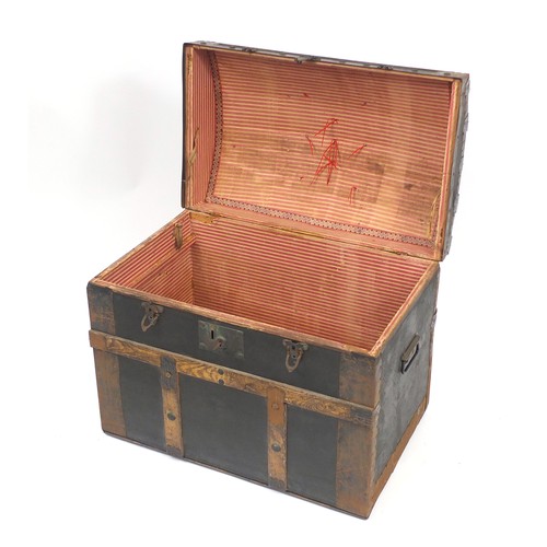 2046 - Military interest wooden and metal bound dome top trunk, 55cm H x 67cm W x 42cm D