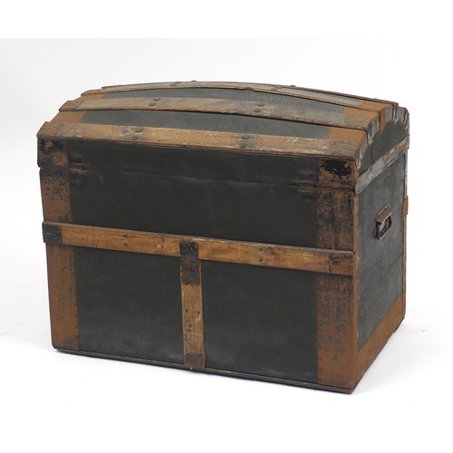 2046 - Military interest wooden and metal bound dome top trunk, 55cm H x 67cm W x 42cm D