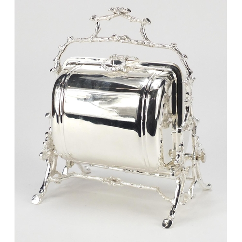 2216 - Silver plated biscuit box with naturalistic stand, 27cm high