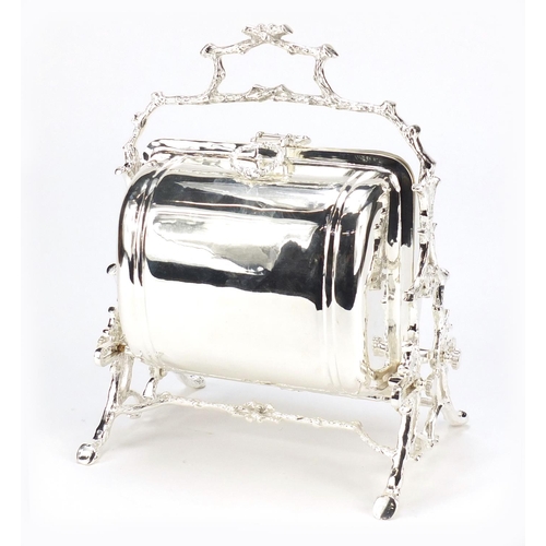 2216 - Silver plated biscuit box with naturalistic stand, 27cm high