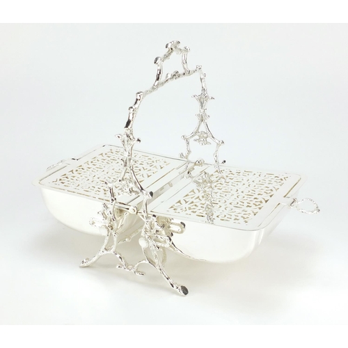 2216 - Silver plated biscuit box with naturalistic stand, 27cm high