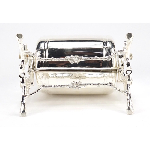 2216 - Silver plated biscuit box with naturalistic stand, 27cm high