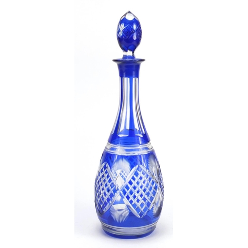 2224 - Bohemian blue flashed cut glass decanter, 37cm high