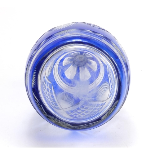 2224 - Bohemian blue flashed cut glass decanter, 37cm high