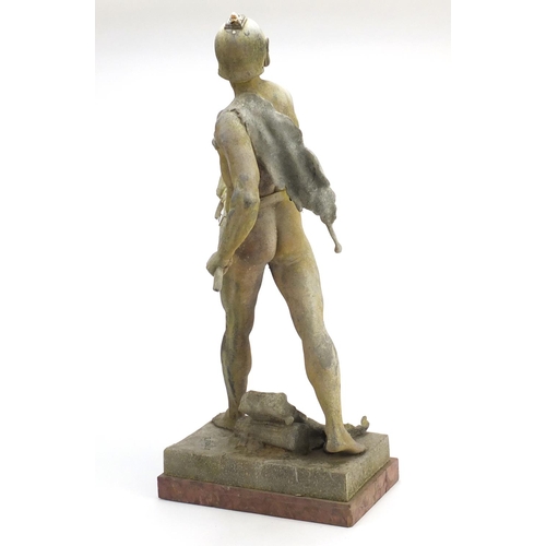 2218 - Large patinated lead Roman gladiator, Honor Patria, after E. Picault, raised on a rectangular marble... 