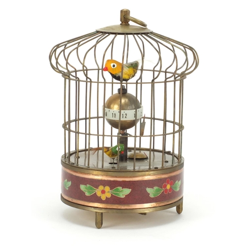 2115 - Clockwork automaton enamel bird cage alarm clock, 20cm high
