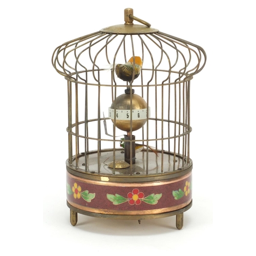 2115 - Clockwork automaton enamel bird cage alarm clock, 20cm high