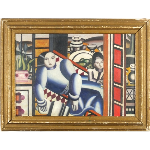 2148 - Abstract composition, geometric shapes with figures, French School oil onto board, bearing a monogra... 