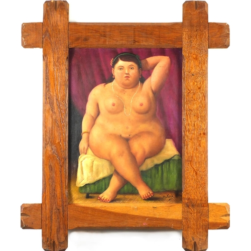 2204 - Nude female in an interior, Italian School oil onto board, bearing a signature Botero, framed, 38.5c... 