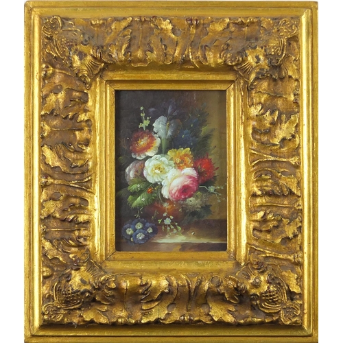 2199 - Still life flowers, oil onto board, housed in an ornate gilt frame, 16cm x 11cm