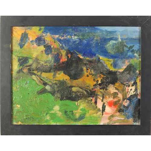 2203 - Abstract composition, coastal scene, oil on board, bearing the signature Eardo EY Friend, 46cm x 35c... 