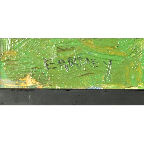 2203 - Abstract composition, coastal scene, oil on board, bearing the signature Eardo EY Friend, 46cm x 35c... 