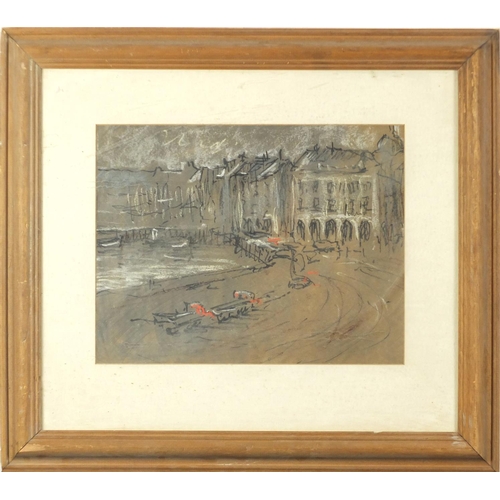 2102 - Manner of Paul Maze - Buildings by the Sea, pastel, mounted and framed, 33cm x 25.5cm