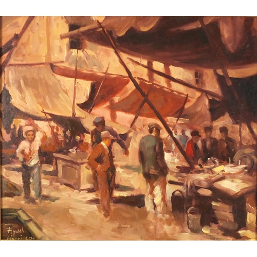 2101 - Busy market scene, continental school, oil on board, 43cm x 37cm