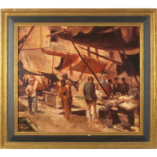 2101 - Busy market scene, continental school, oil on board, 43cm x 37cm