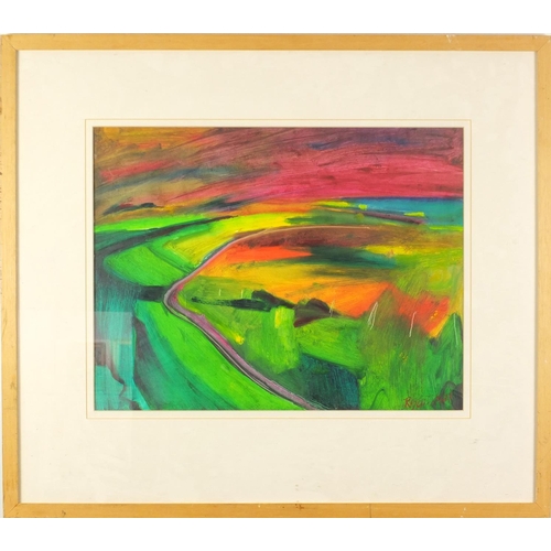 2206 - Roy Goodman - abstract composition landscape, oil, mounted and framed, 50.5cm x 39cm