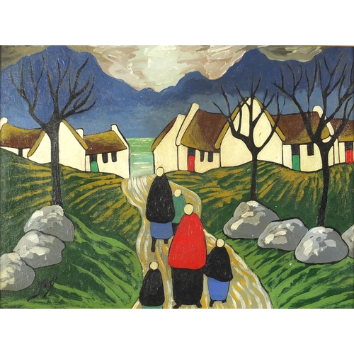2149 - Manner of Markey Robinson - Figures before cottages and water, Irish School oil onto board, framed, ... 