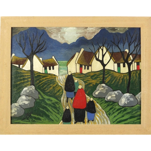 2149 - Manner of Markey Robinson - Figures before cottages and water, Irish School oil onto board, framed, ... 