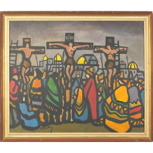 2205 - Manner of Markey Robinson - The Crucifixion, Irish School oil onto board, framed, 59.5cm x 49.5cm