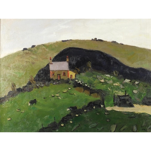 2105 - Cottage before mountains, Welsh School oil onto board, bearing a monogram KW, framed, 59.5cm x 44.5c... 
