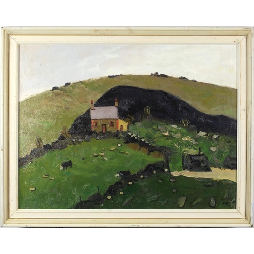 2105 - Cottage before mountains, Welsh School oil onto board, bearing a monogram KW, framed, 59.5cm x 44.5c... 