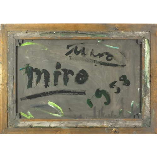 2075 - Abstract composition, Spanish School impasto oil onto board, bearing an signature Miro verso, framed... 
