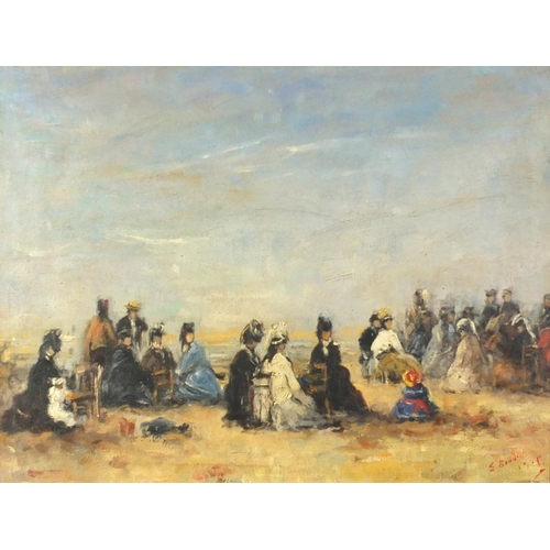 2072 - Figures on a beach, French Impressionist, oil onto canvas, bearing a signature E Boudin, framed, 57c... 