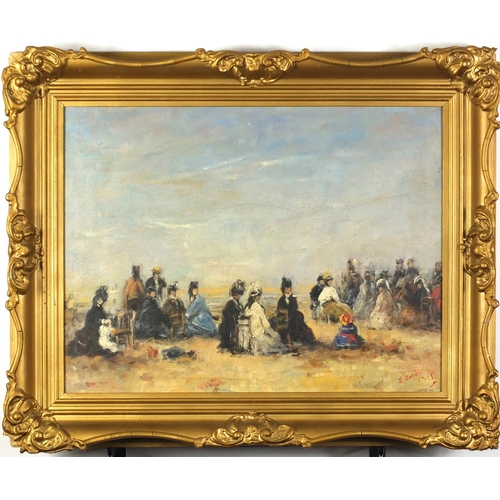 2072 - Figures on a beach, French Impressionist, oil onto canvas, bearing a signature E Boudin, framed, 57c... 